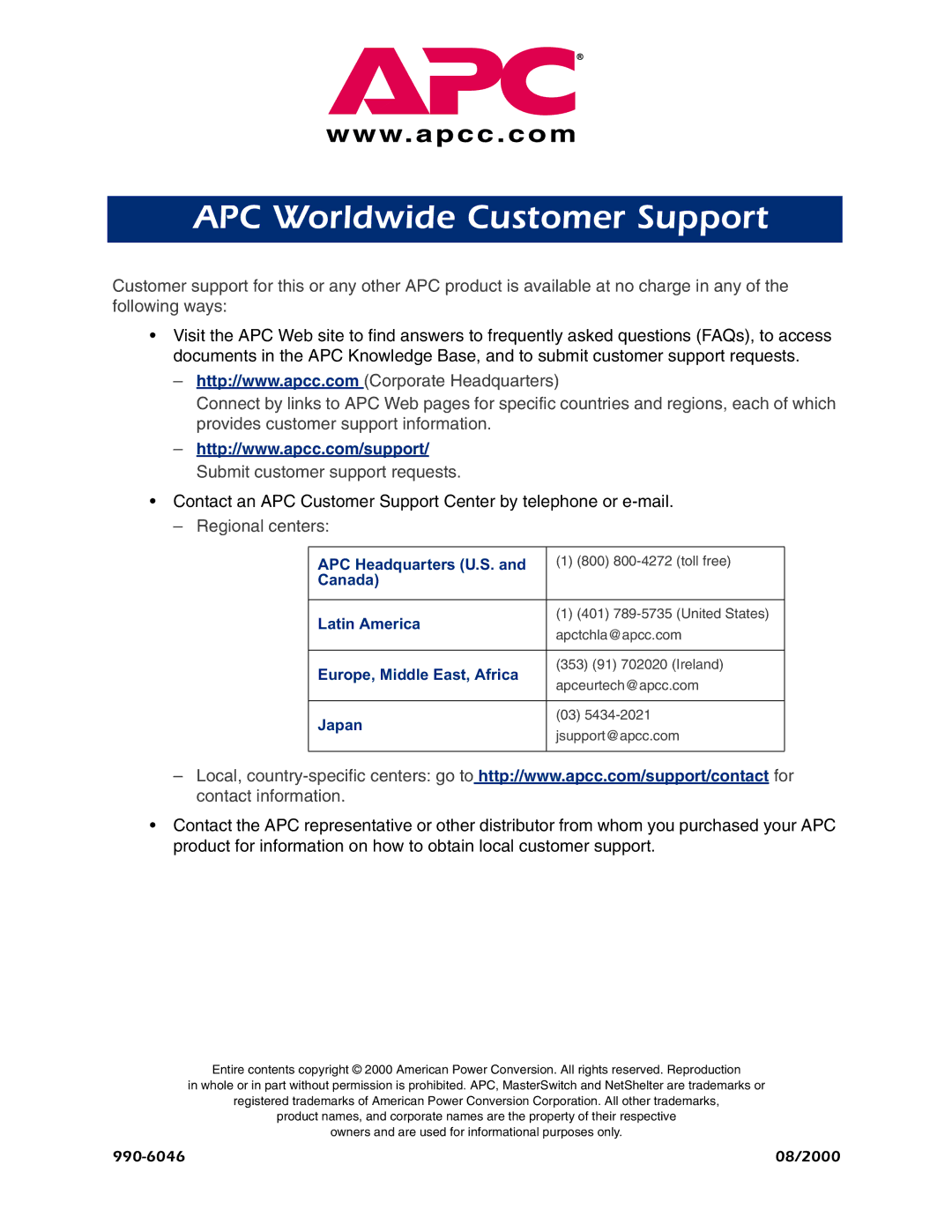 American Power Conversion AP9222EXP manual APC Worldwide Customer Support, Regional centers 