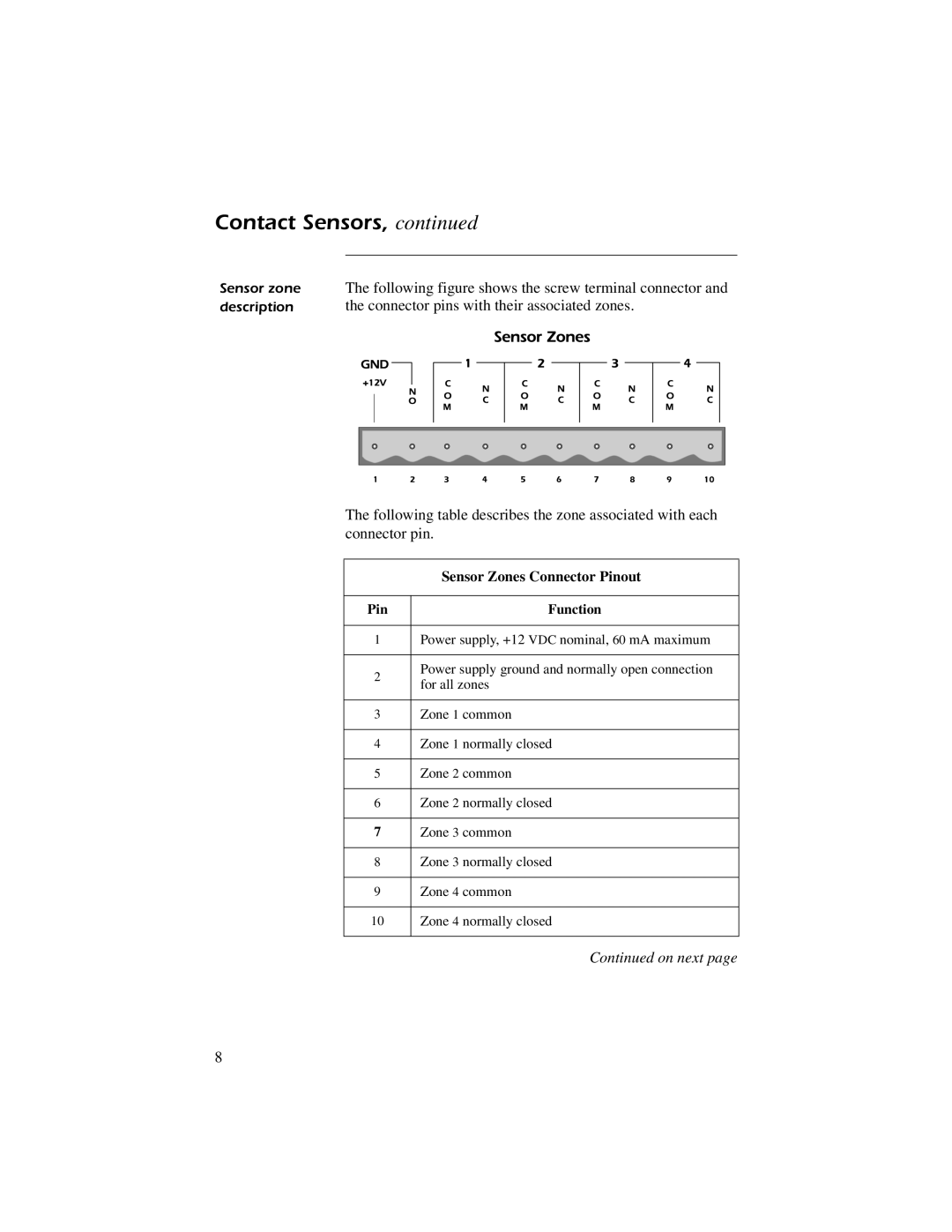 American Power Conversion AP9312TH quick start manual Sensor Zones Connector Pinout, Pin Function 