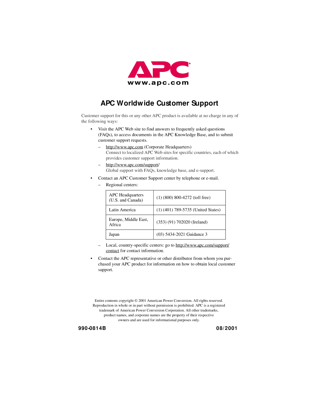 American Power Conversion AP9312TH quick start manual APC Worldwide Customer Support 