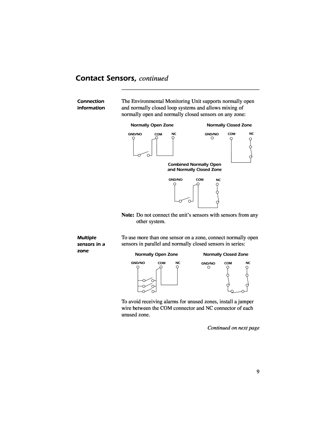 American Power Conversion AP9312TH quick start manual Contact Sensors, continued, Continued on next page 