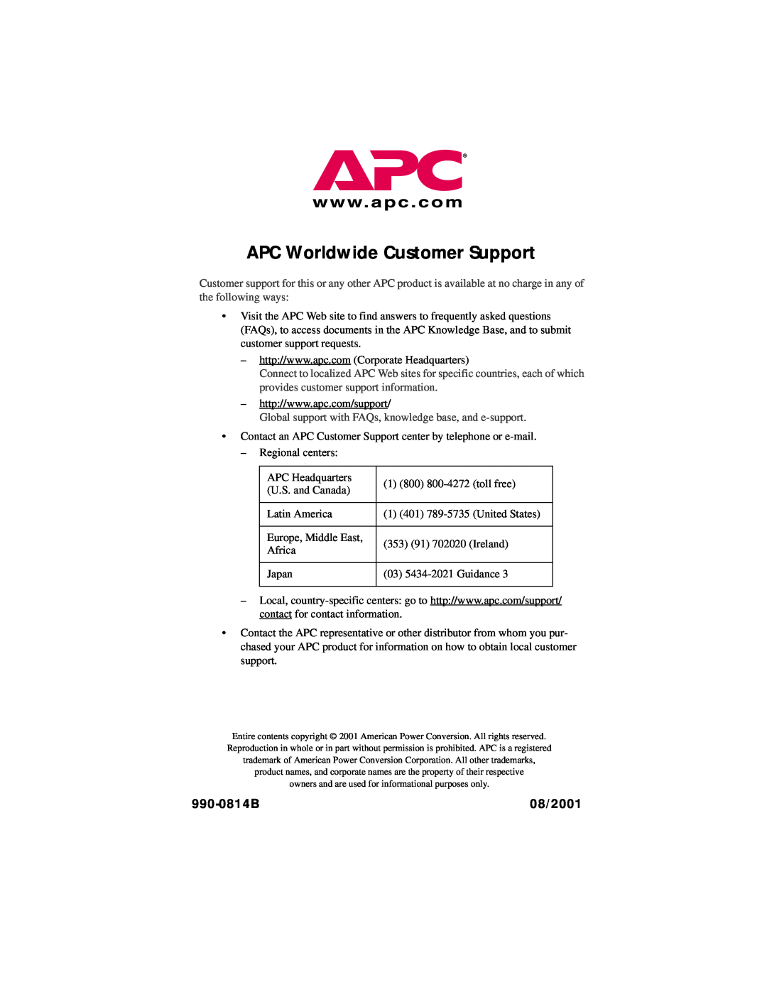American Power Conversion AP9312TH quick start manual APC Worldwide Customer Support, 990-0814B, 08/2001 