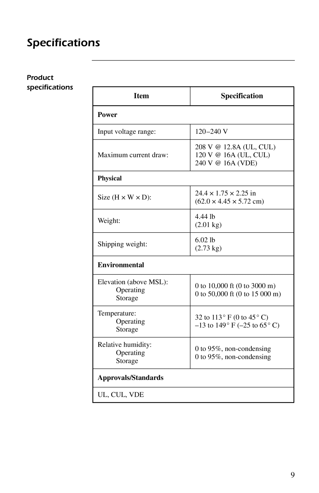 American Power Conversion AP9554 installation manual Specifications 