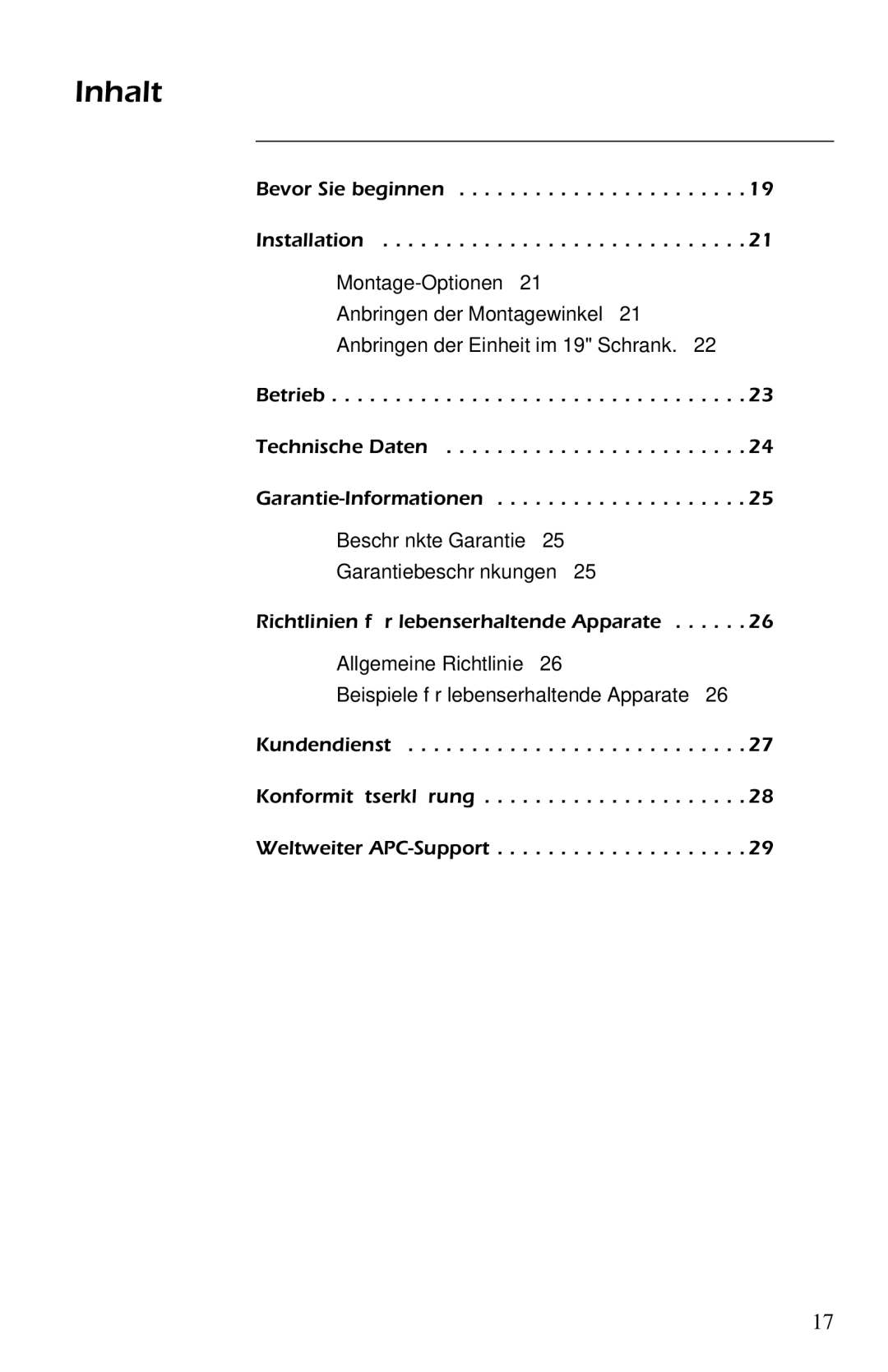 American Power Conversion AP9554 installation manual Inhalt, Garantiebeschränkungen 