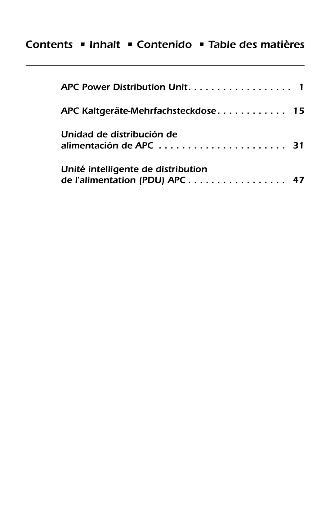 American Power Conversion AP9554 installation manual Contents Inhalt Contenido Table des matières 