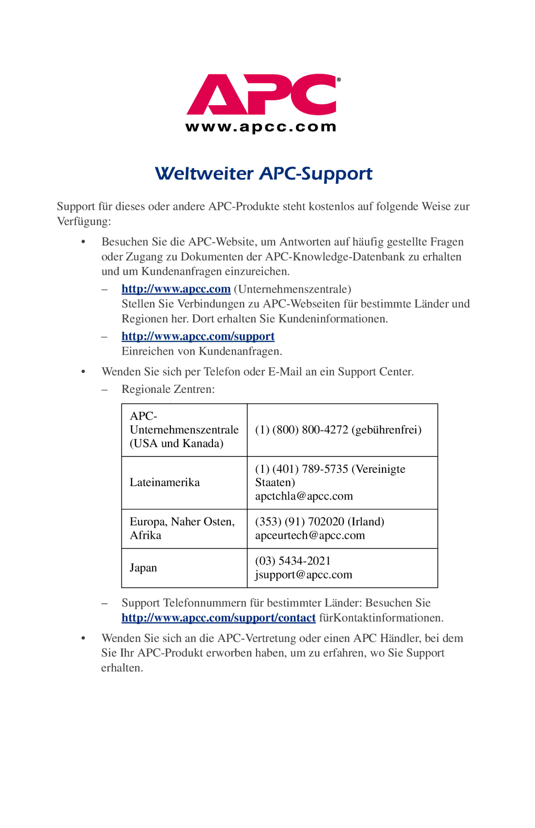 American Power Conversion AP9554 installation manual Weltweiter APC-Support 