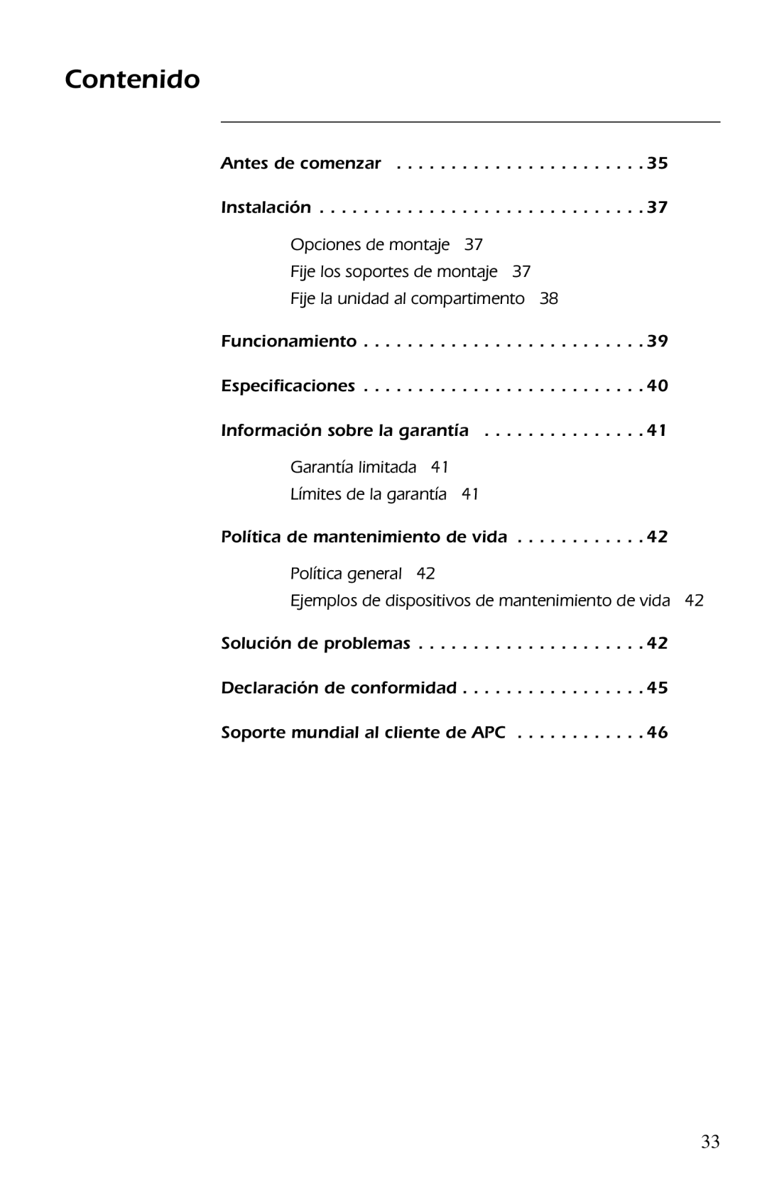 American Power Conversion AP9554 installation manual Contenido, Opciones de montaje 