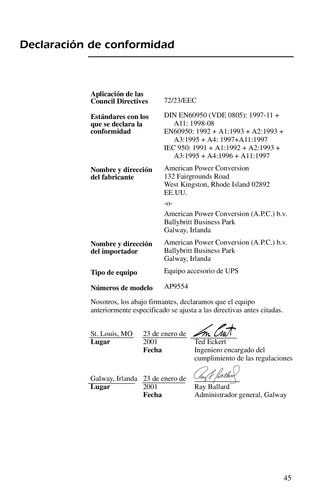 American Power Conversion AP9554 installation manual Declaración de conformidad, Ee.Uu 