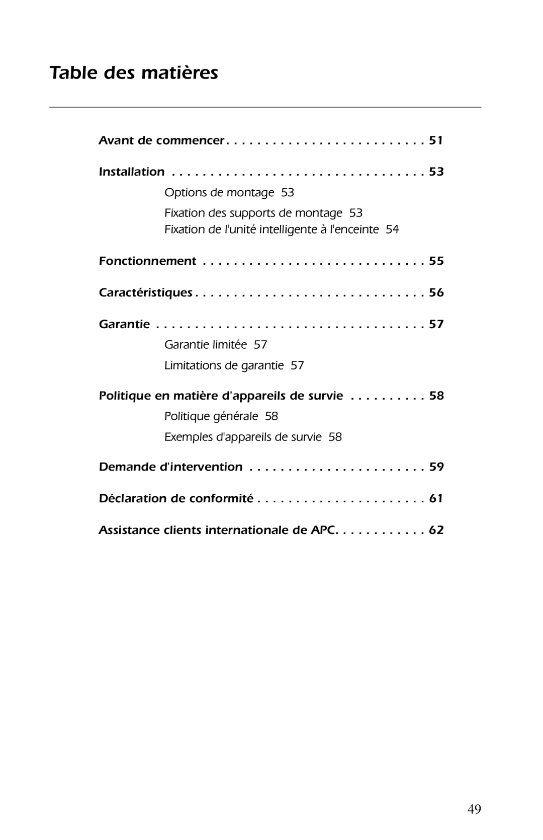 American Power Conversion AP9554 installation manual Table des matières 