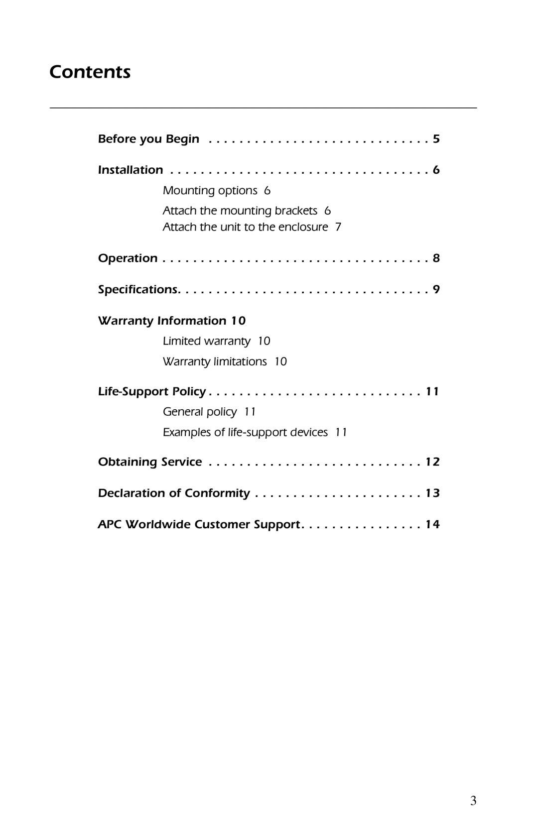 American Power Conversion AP9554 installation manual Contents 