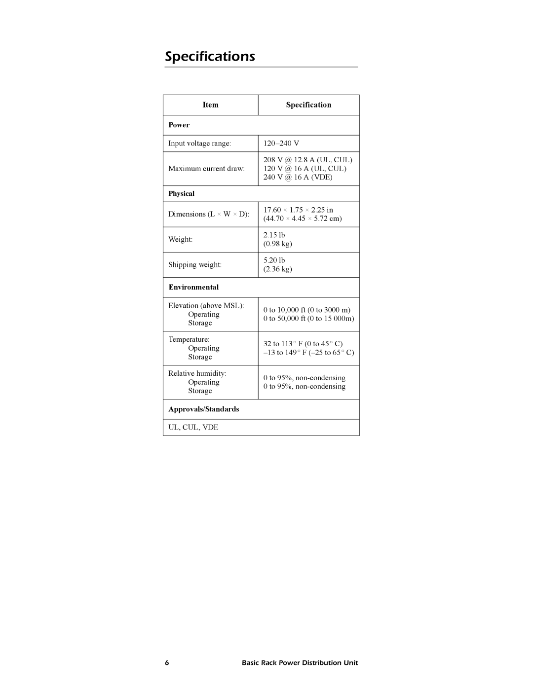 American Power Conversion AP9559 manual Specifications 