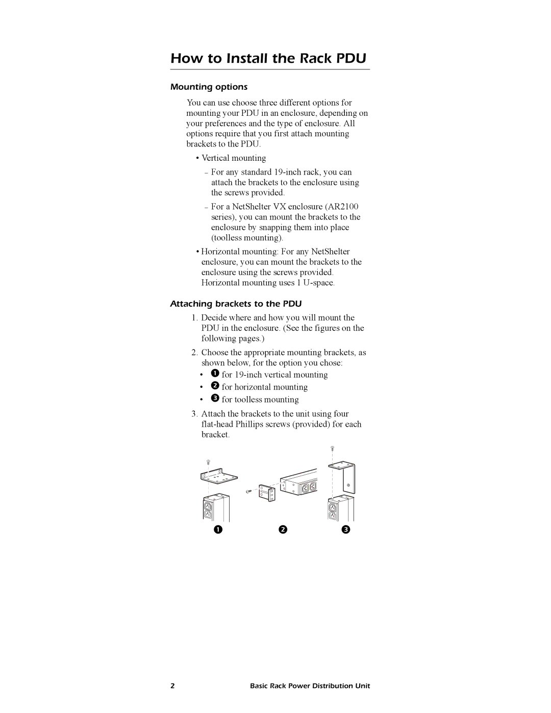 American Power Conversion AP9559 manual How to Install the Rack PDU, Mounting options, Attaching brackets to the PDU 