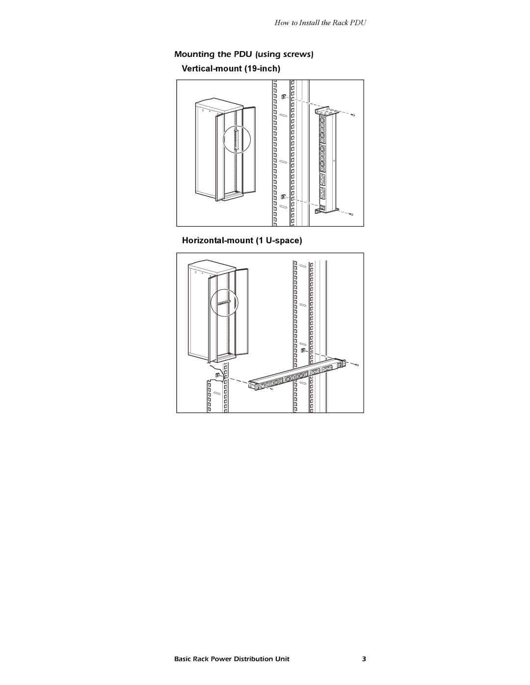 American Power Conversion AP9559 manual Mounting the PDU using screws, Vertical-mount 19-inch Horizontal-mount 1 U-space 