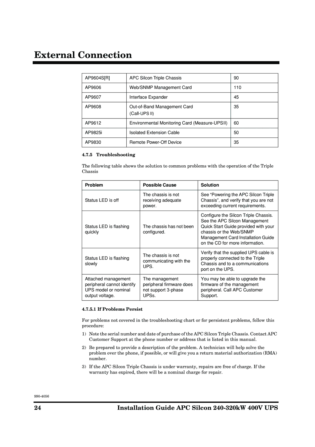 American Power Conversion AP9604S manual Troubleshooting, Problem Possible Cause Solution, If Problems Persist 