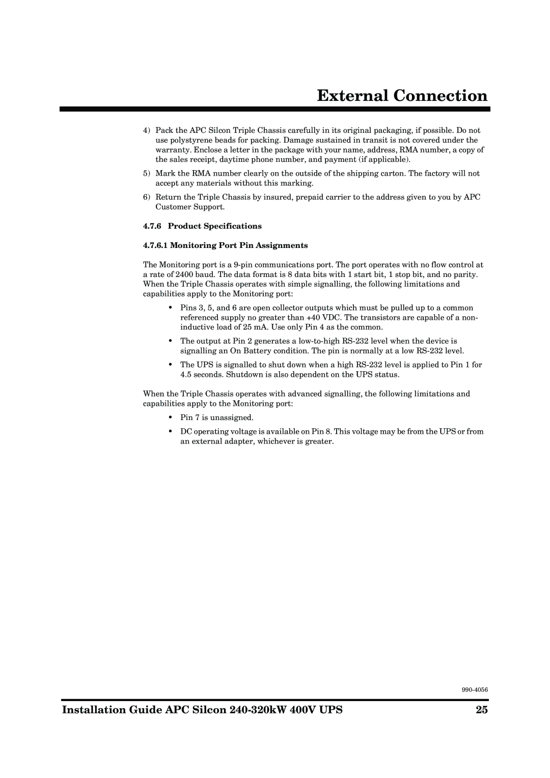 American Power Conversion AP9604S manual Product Specifications Monitoring Port Pin Assignments 