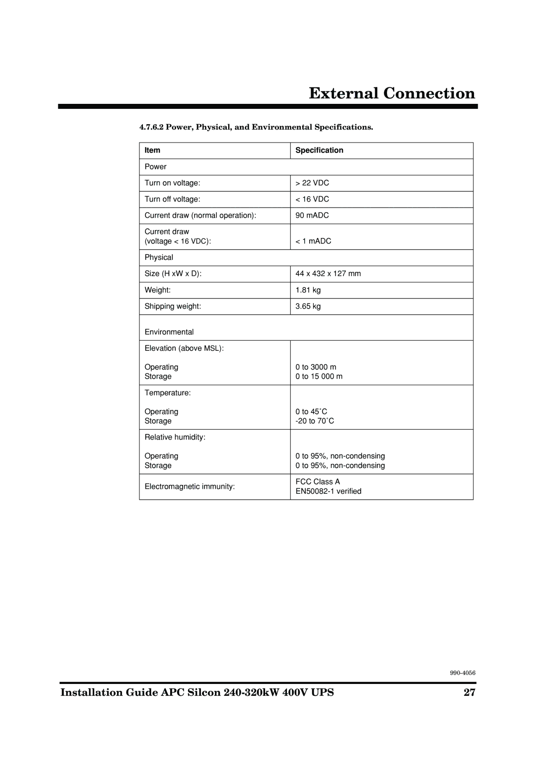 American Power Conversion AP9604S manual Power, Physical, and Environmental Specifications 