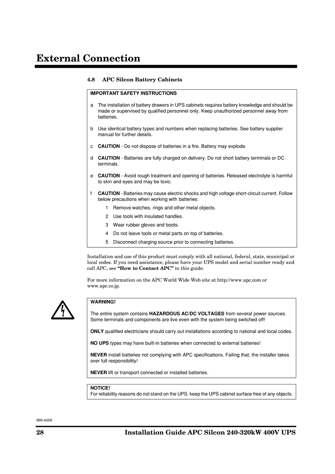 American Power Conversion AP9604S manual APC Silcon Battery Cabinets, Important Safety Instructions 