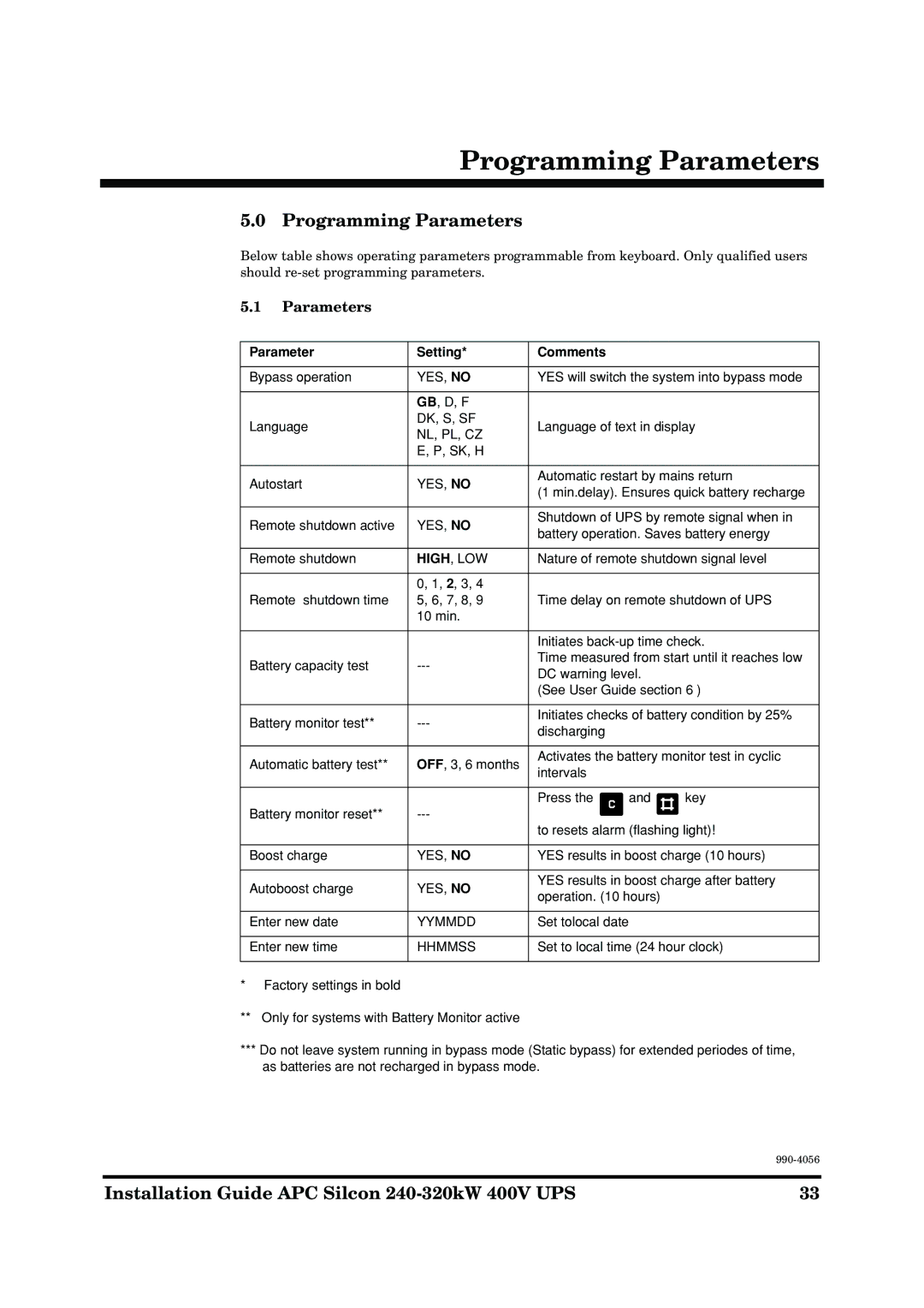 American Power Conversion AP9604S manual Programming Parameters, Parameter Setting Comments 