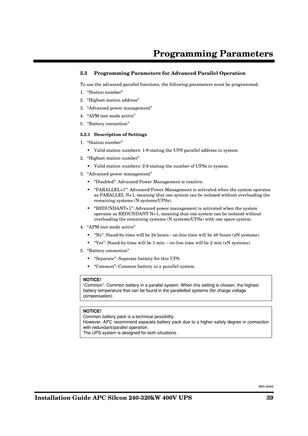 American Power Conversion AP9604S manual Programming Parameters for Advanced Parallel Operation, Description of Settings 