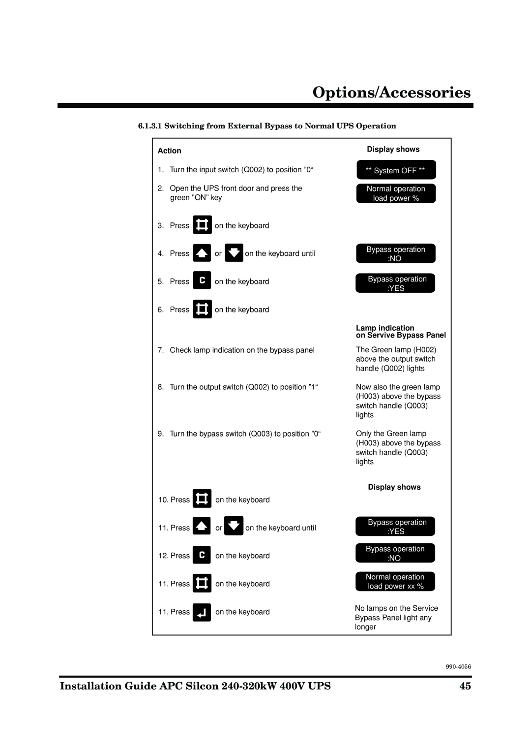 American Power Conversion AP9604S manual Switching from External Bypass to Normal UPS Operation 