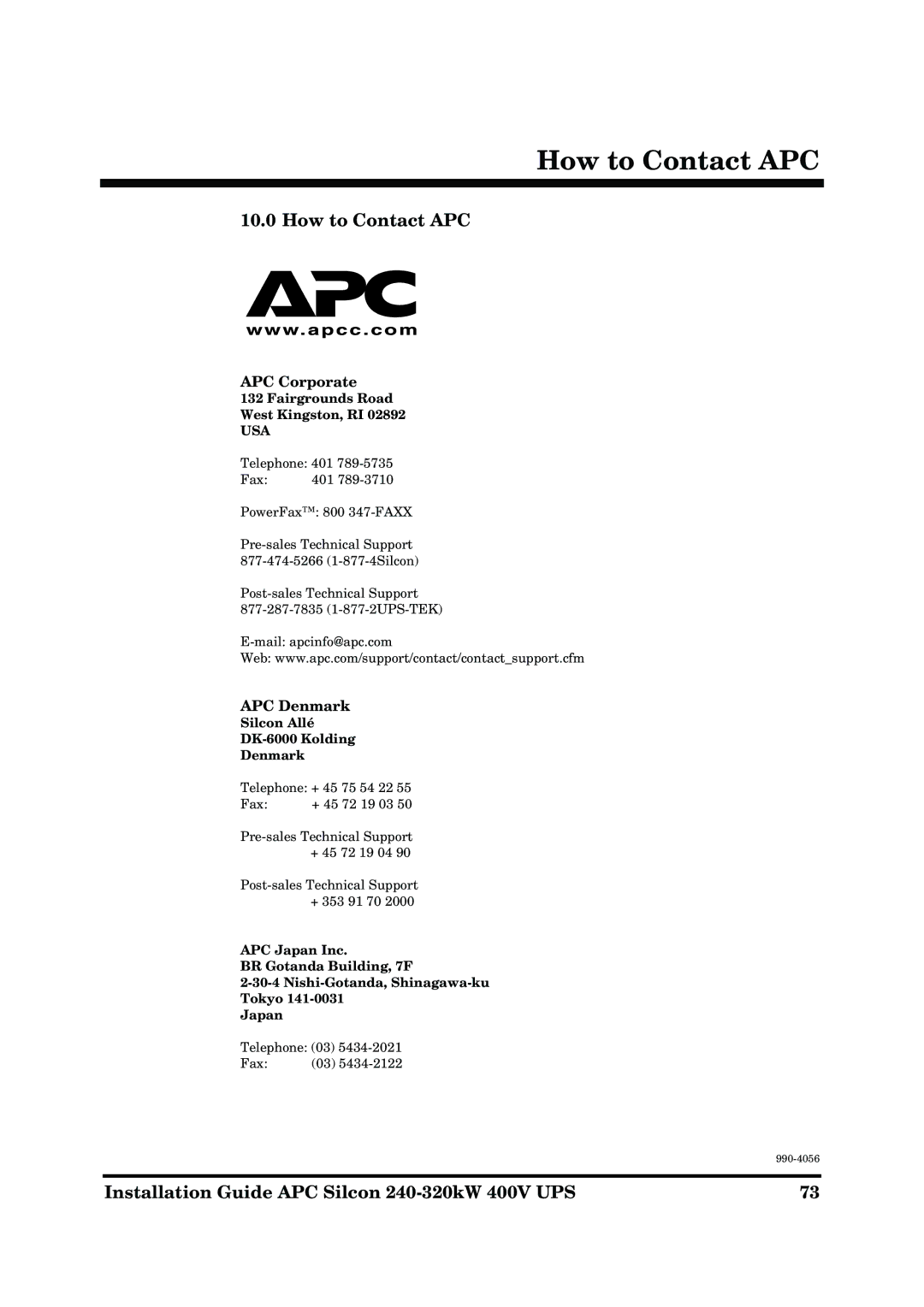 American Power Conversion AP9604S manual How to Contact APC, APC Corporate, APC Denmark 