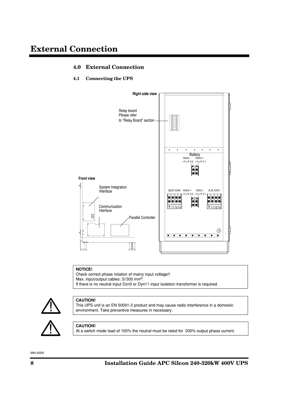 American Power Conversion AP9604S manual External Connection, Connecting the UPS, Right side view, Front view 