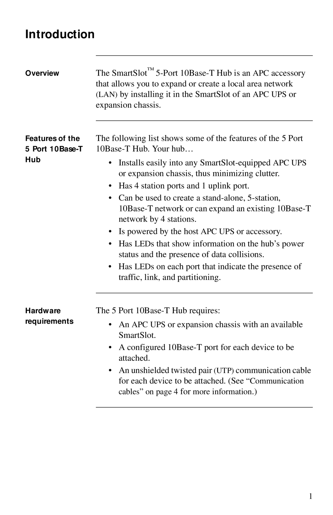 American Power Conversion AP9615 manual Introduction, SmartSlot 5-Port 10Base-T Hub is an APC accessory, Expansion chassis 