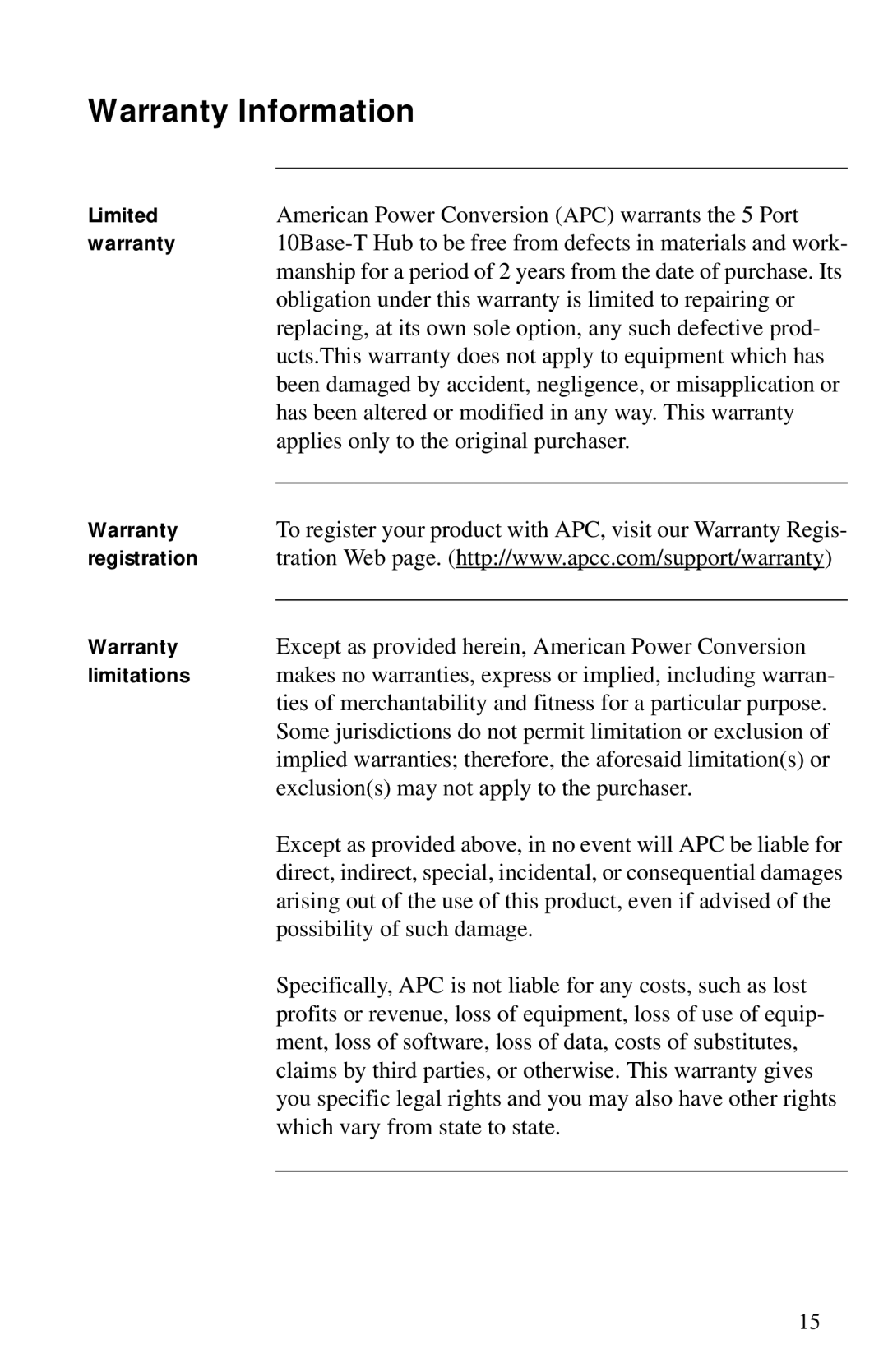 American Power Conversion AP9615 manual Warranty Information 