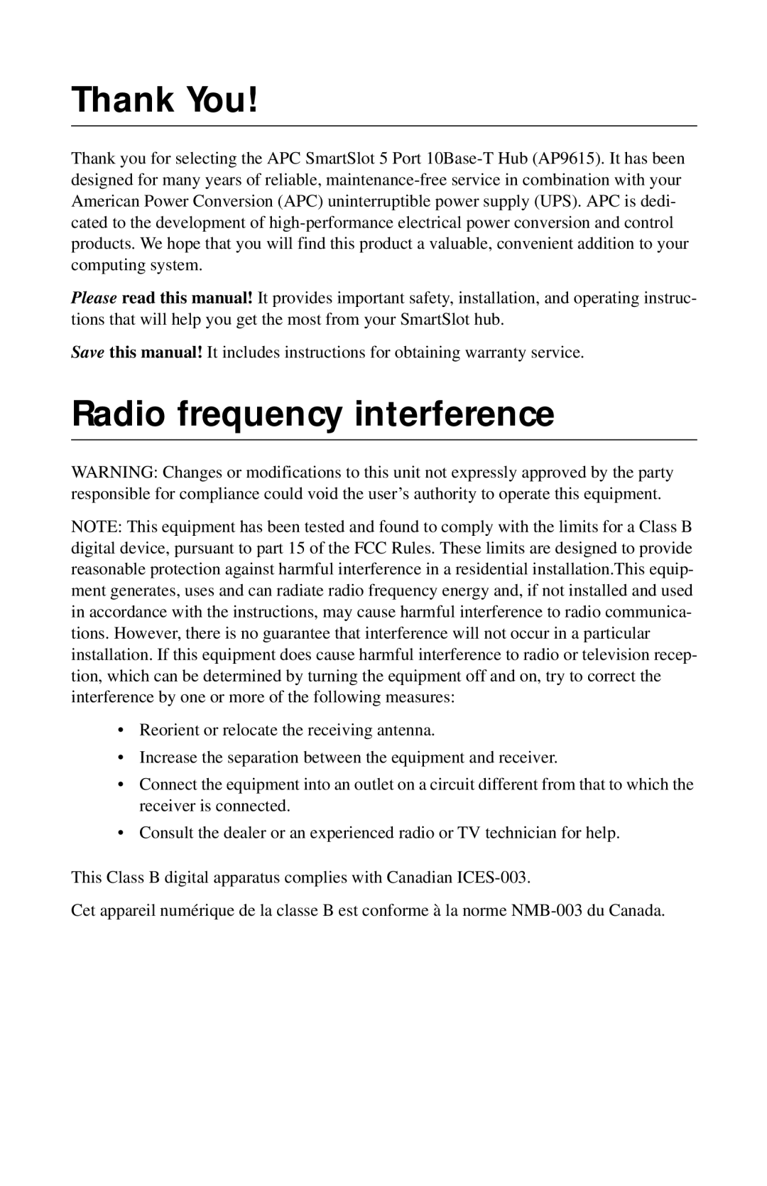 American Power Conversion AP9615 manual Thank You, Radio frequency interference 