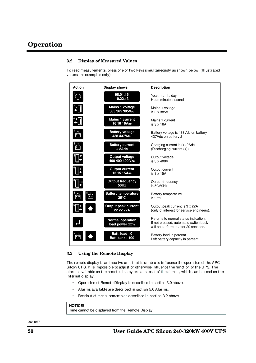 American Power Conversion APC Silcon 240-320kW 400V manual Display of Measured Values, Using the Remote Display 