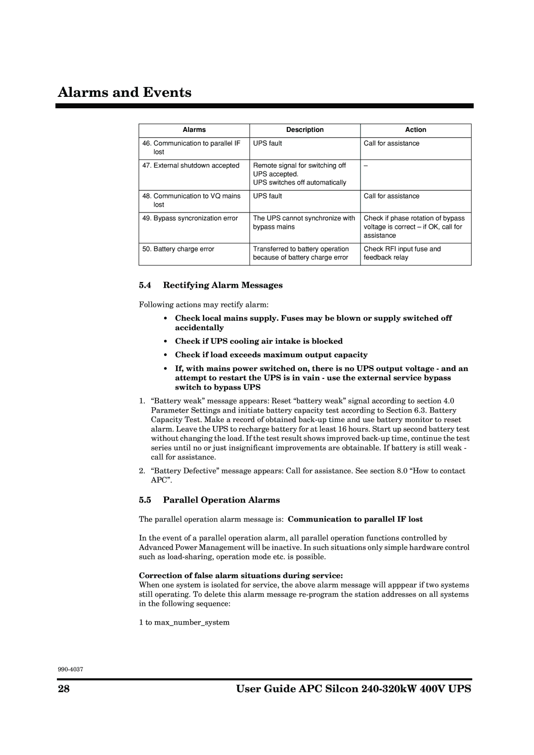 American Power Conversion APC Silcon 240-320kW 400V manual Rectifying Alarm Messages, Parallel Operation Alarms 