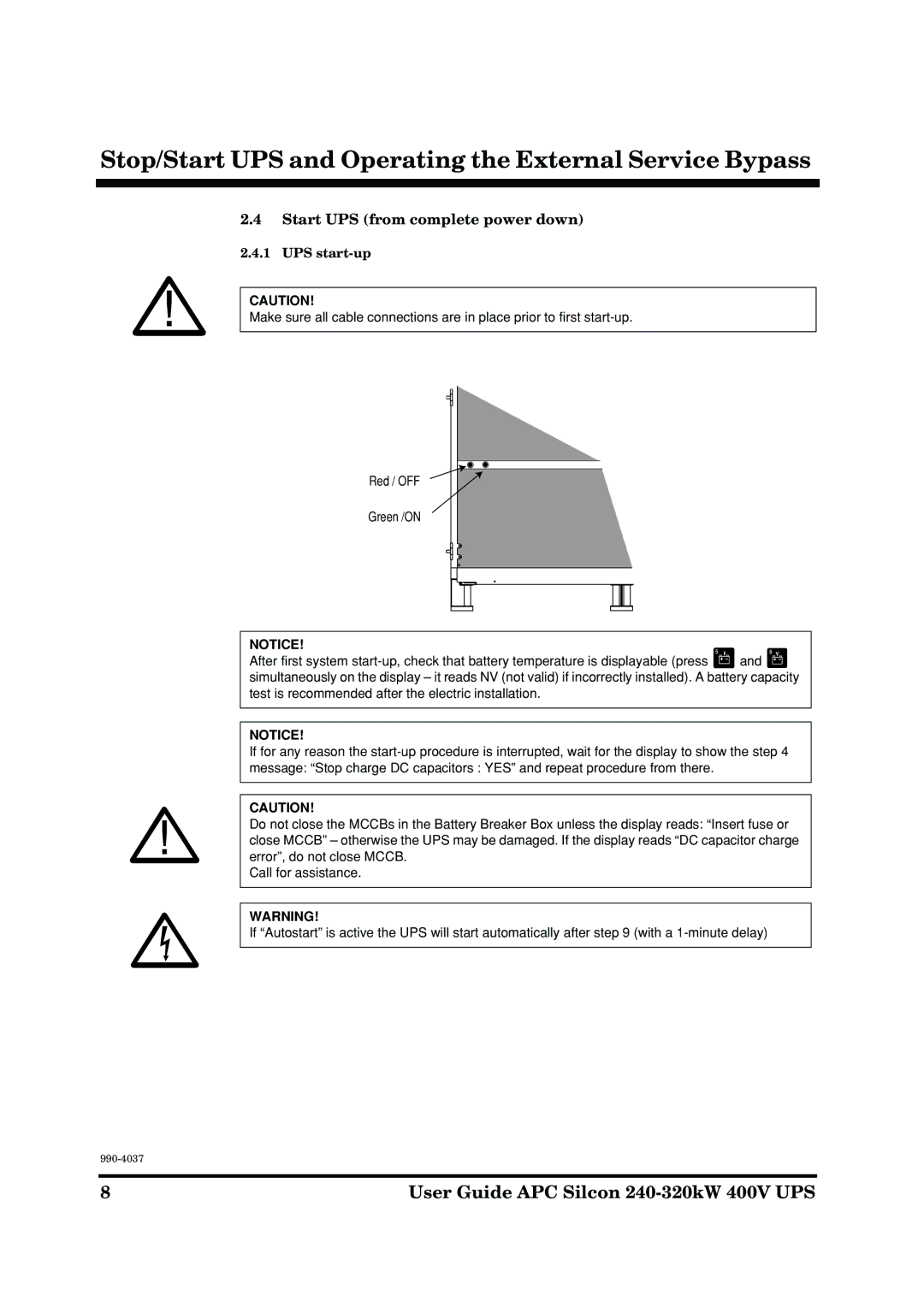 American Power Conversion APC Silcon 240-320kW 400V manual Start UPS from complete power down, UPS start-up 