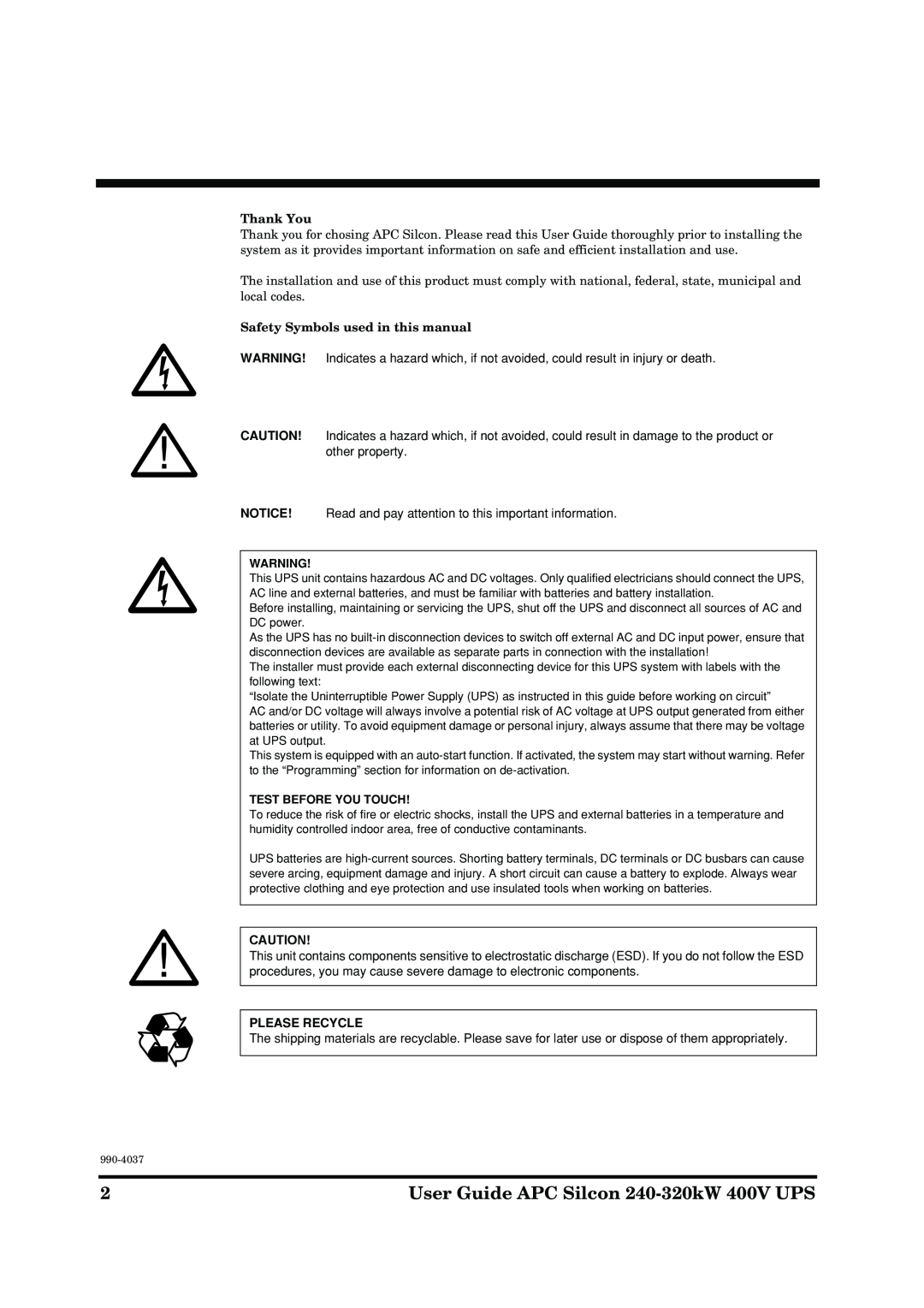 American Power Conversion User Guide APC Silcon 240-320kW 400V UPS, Thank You, Safety Symbols used in this manual 