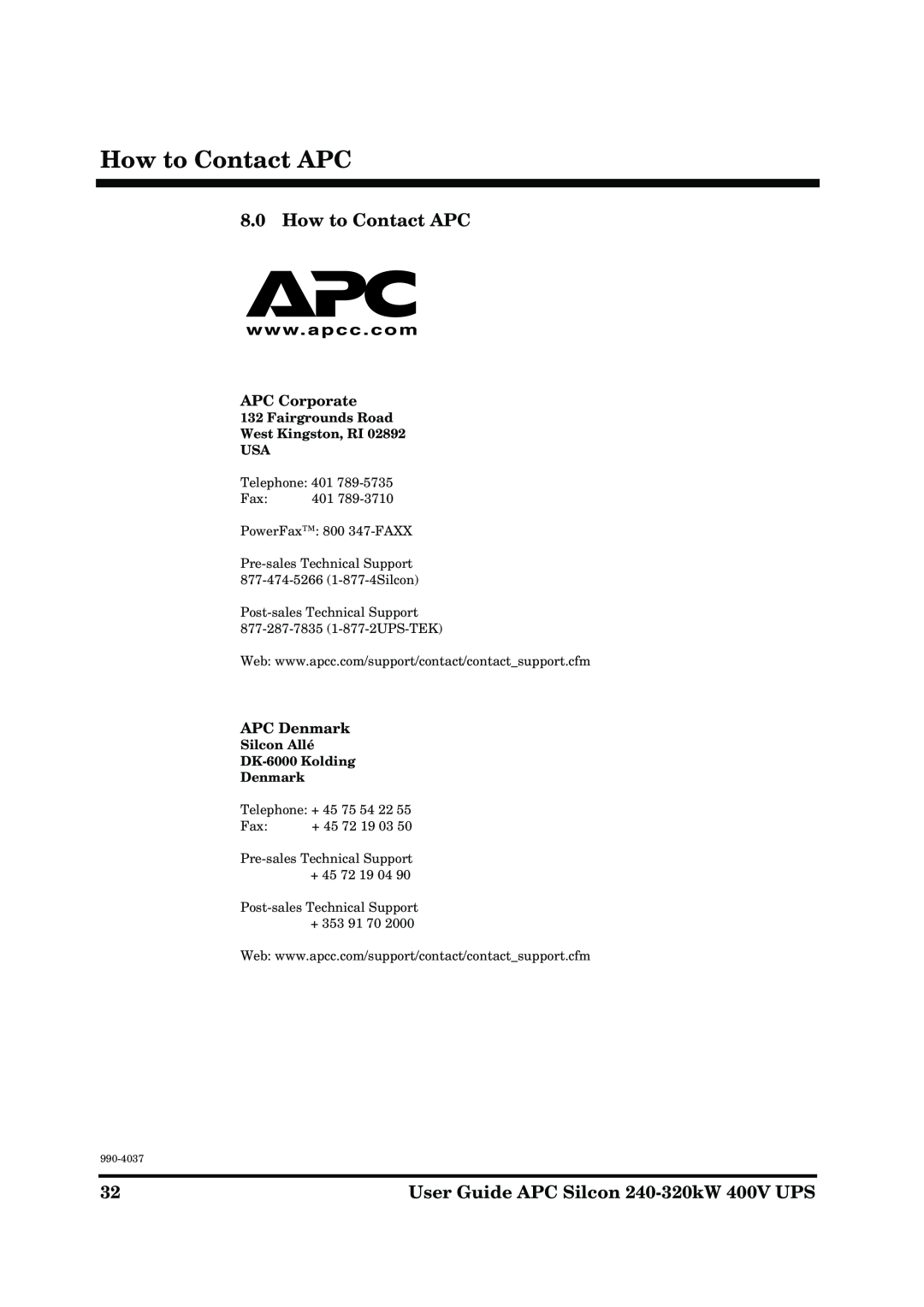 American Power Conversion APC Silcon 240-320kW 400V manual How to Contact APC, APC Corporate, APC Denmark 
