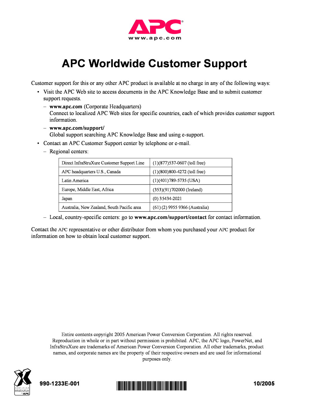 American Power Conversion Automatic Transfer quick start APC Worldwide Customer Support, 990-1233E-001, 10/2005 