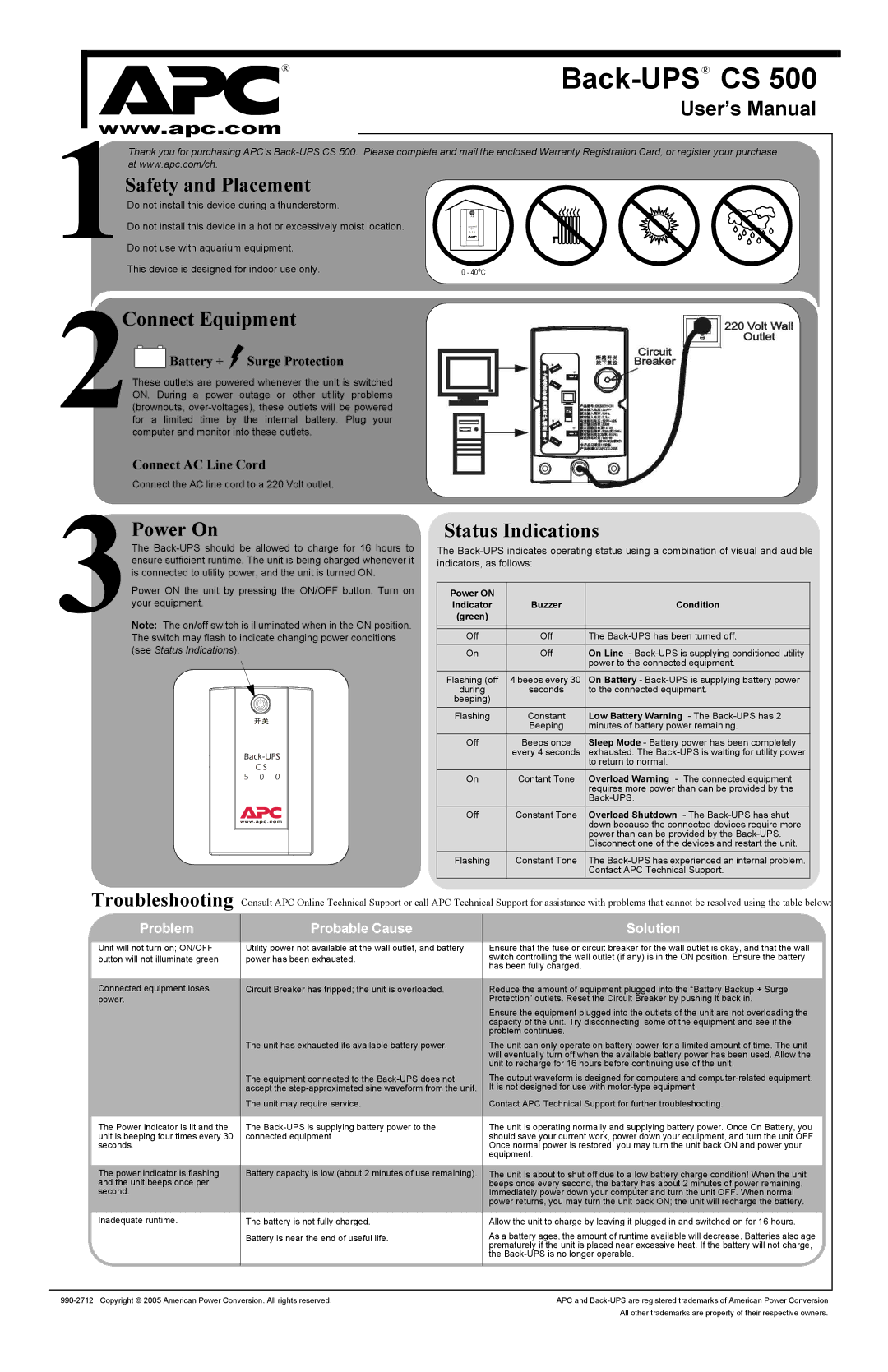 American Power Conversion Back-UPS CS 500 user manual Safety and Placement, Connect Equipment, Power On 