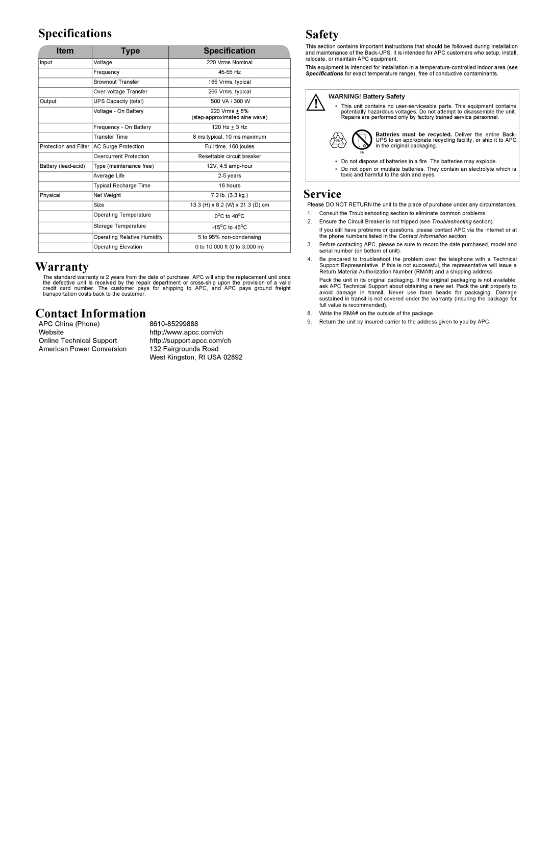 American Power Conversion Back-UPS CS 500 user manual Specifications Safety, Warranty, Contact Information, Type 