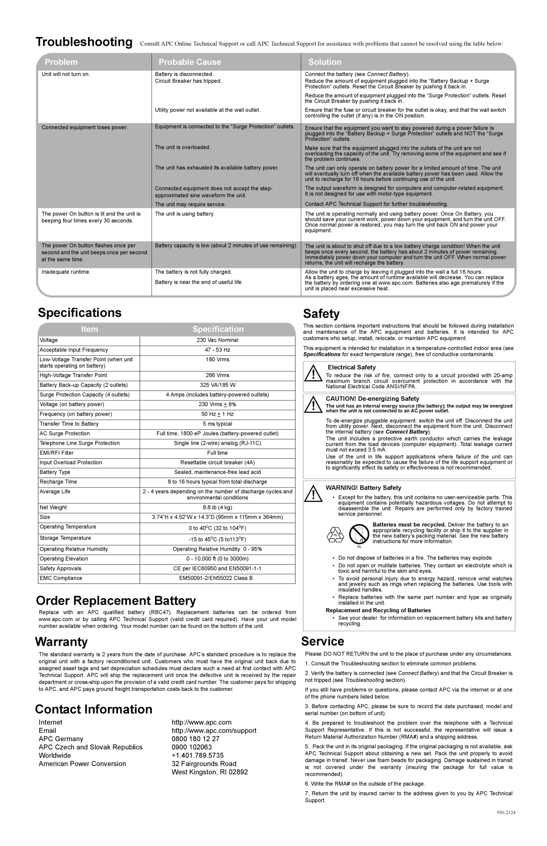 American Power Conversion BE325 Specifications, Order Replacement Battery Safety, Warranty, Contact Information, Service 