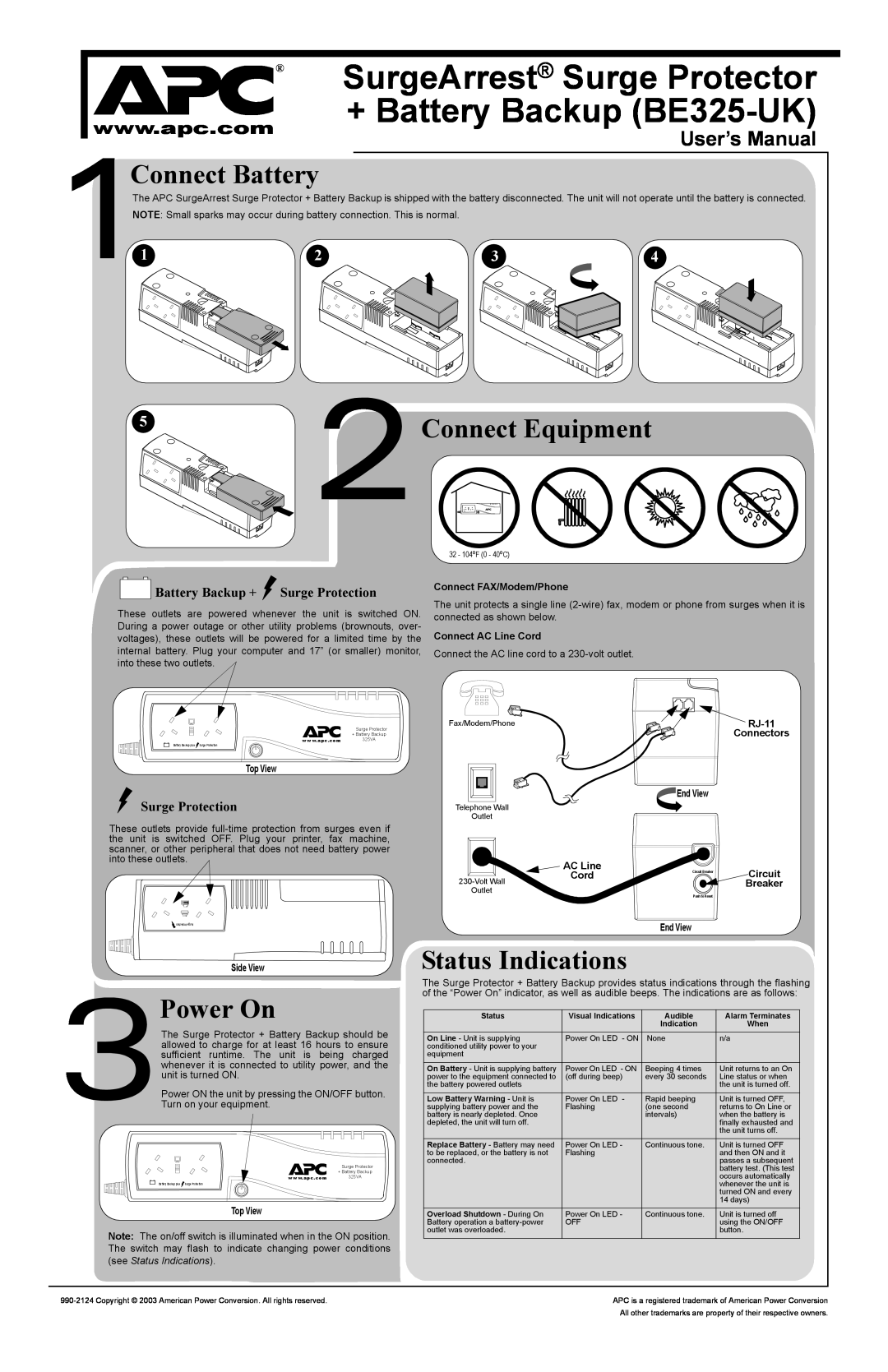American Power Conversion user manual User’s Manual, SurgeArrest Surge Protector, + Battery Backup BE325-UK, Power On 
