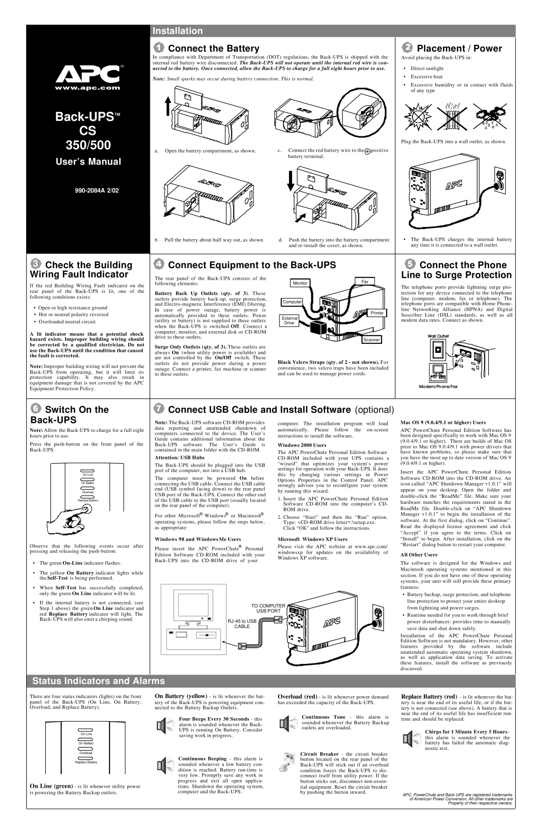 American Power Conversion BK500EI user manual User’s Manual, Installation, Status Indicators and Alarms 