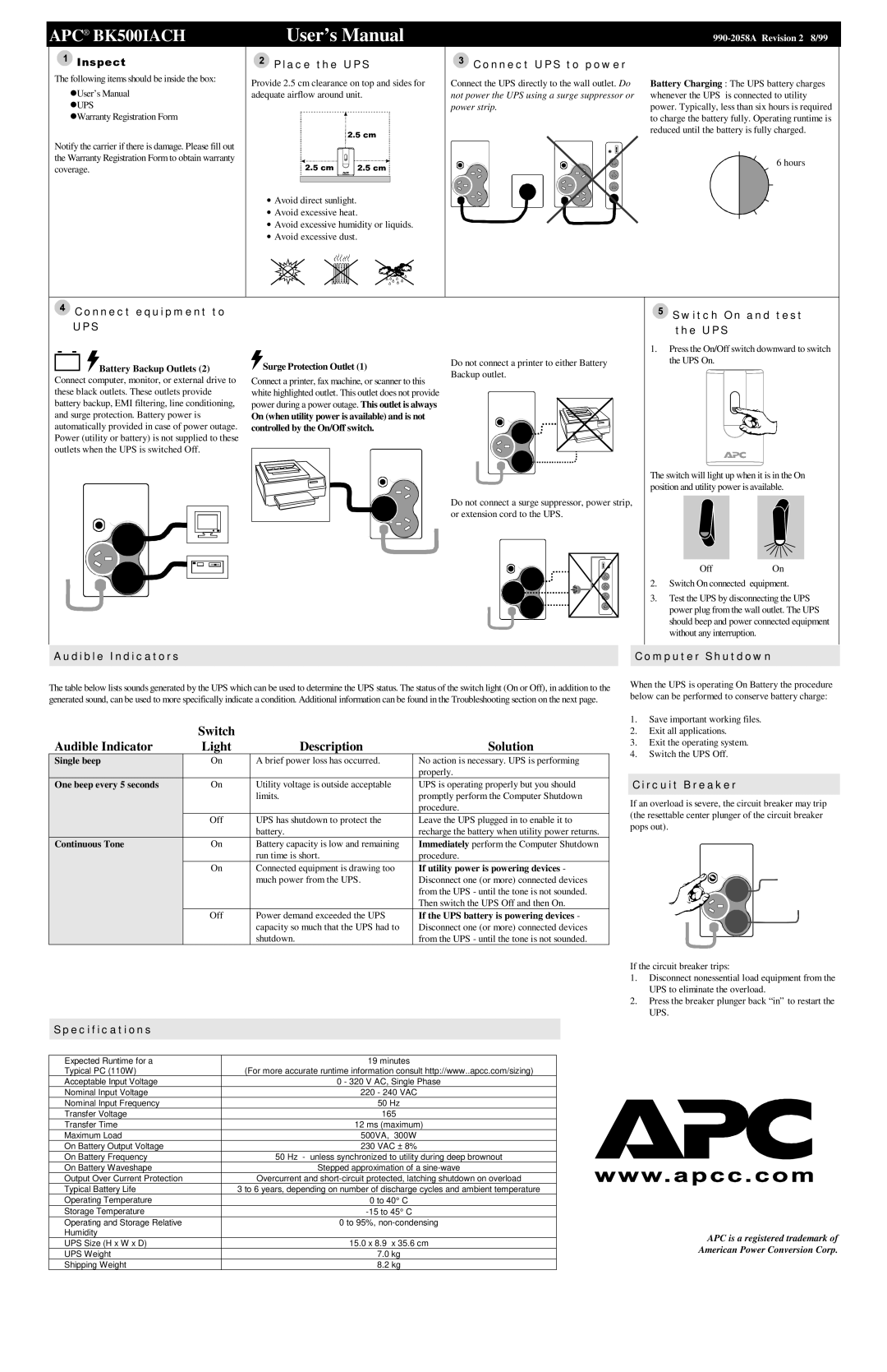 American Power Conversion BK500IACH specifications Switch Audible Indicator Light Description Solution 