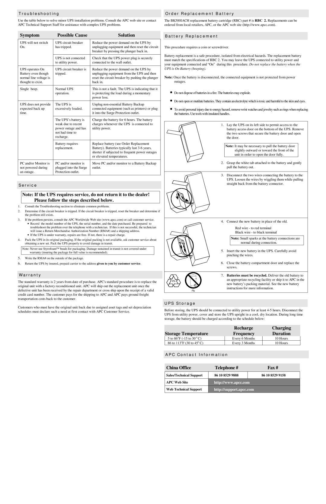 American Power Conversion BK500IACH specifications Symptom Possible Cause Solution, China Office Telephone # Fax # 