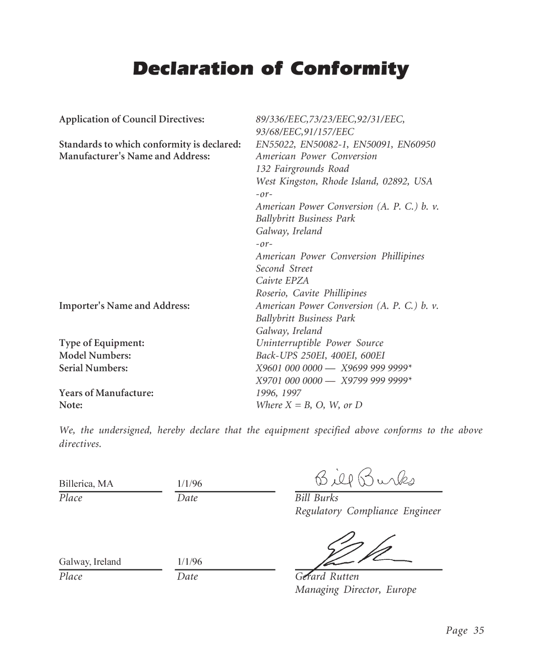 American Power Conversion K250EI, BK600EI, BK400EI user manual Declaration of Conformity 