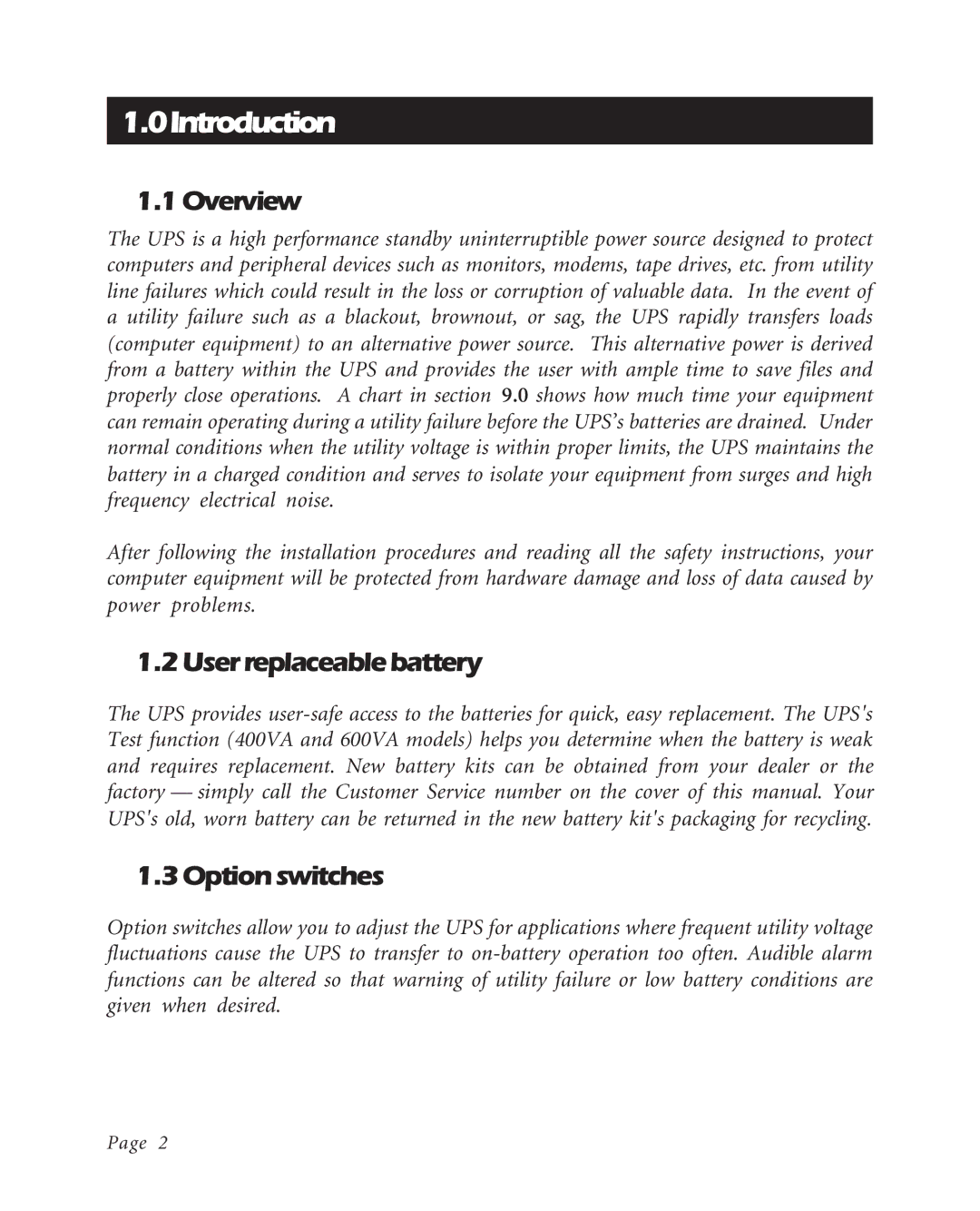 American Power Conversion K250EI, BK600EI, BK400EI 0Introduction, 1Overview, 2Userreplaceablebattery, 3Optionswitches 