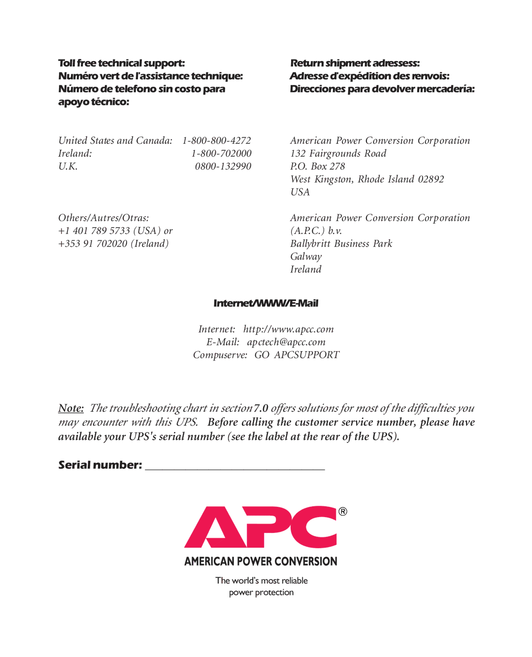 American Power Conversion K250EI, BK600EI, BK400EI user manual Serial number 