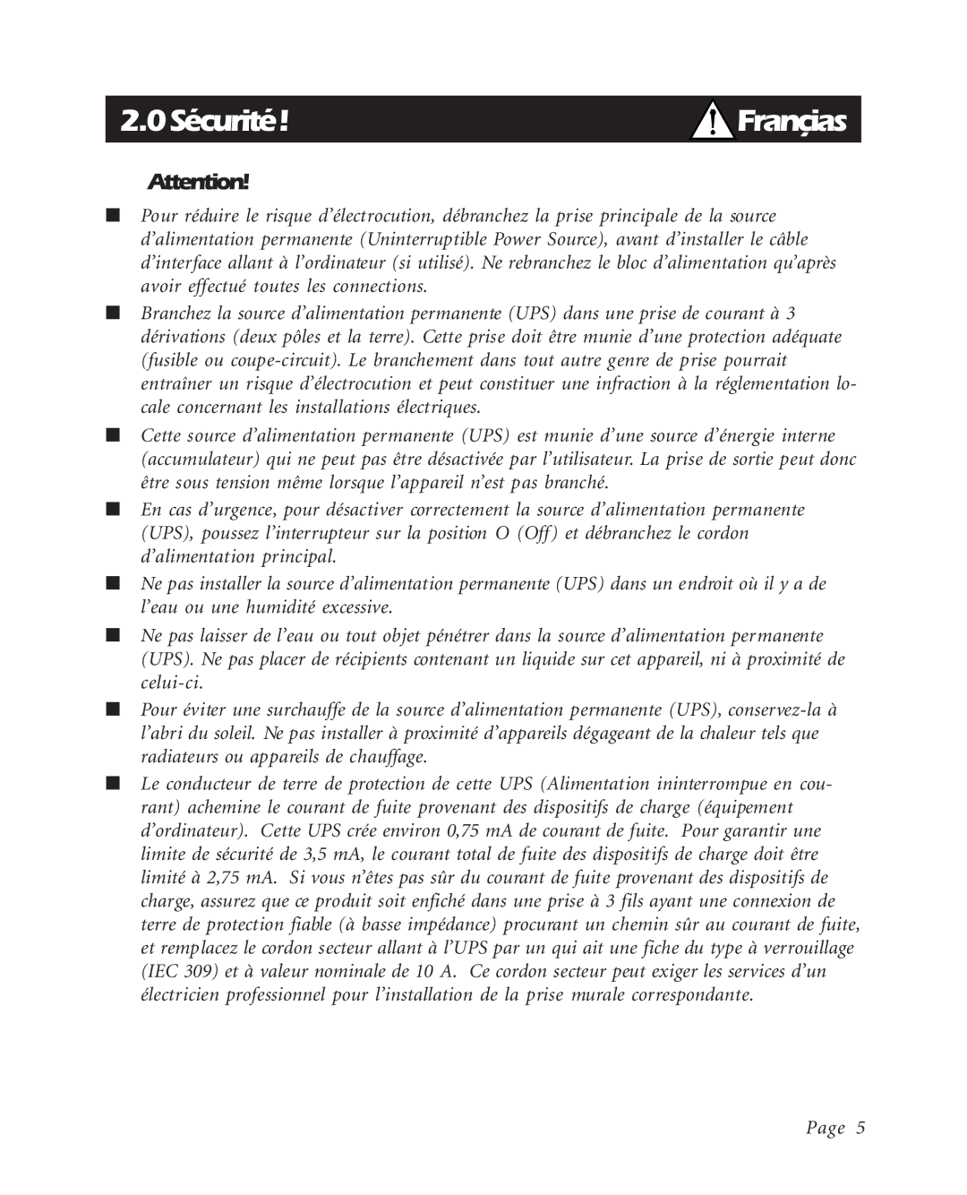 American Power Conversion K250EI, BK600EI, BK400EI user manual 0Sécurité!Françias 