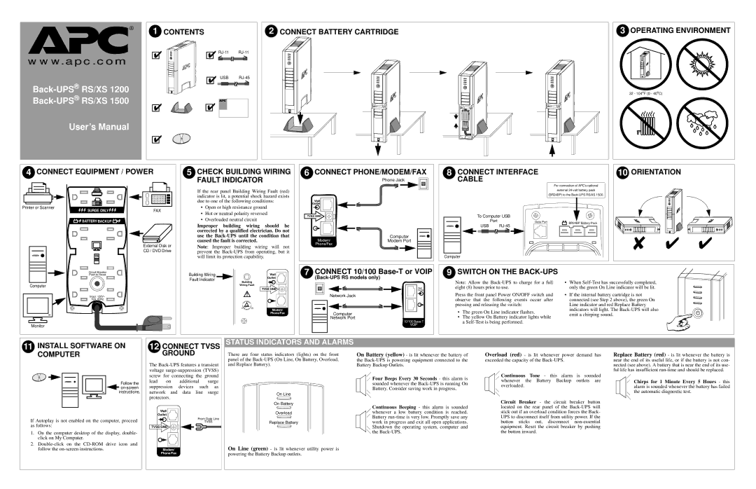 American Power Conversion BR1200GI, RS/XS 1500, RS/XS 1200 user manual Status Indicators and Alarms 