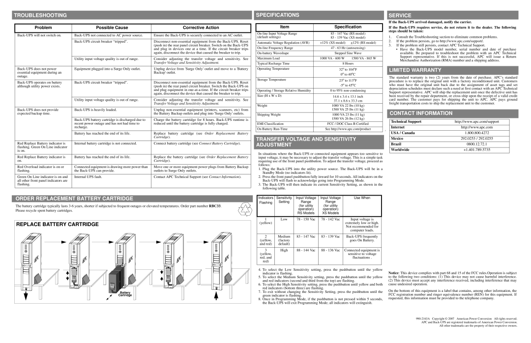 American Power Conversion RS/XS 1500, BR1200 Troubleshooting Specifications Service, Order Replacement Battery Cartridge 