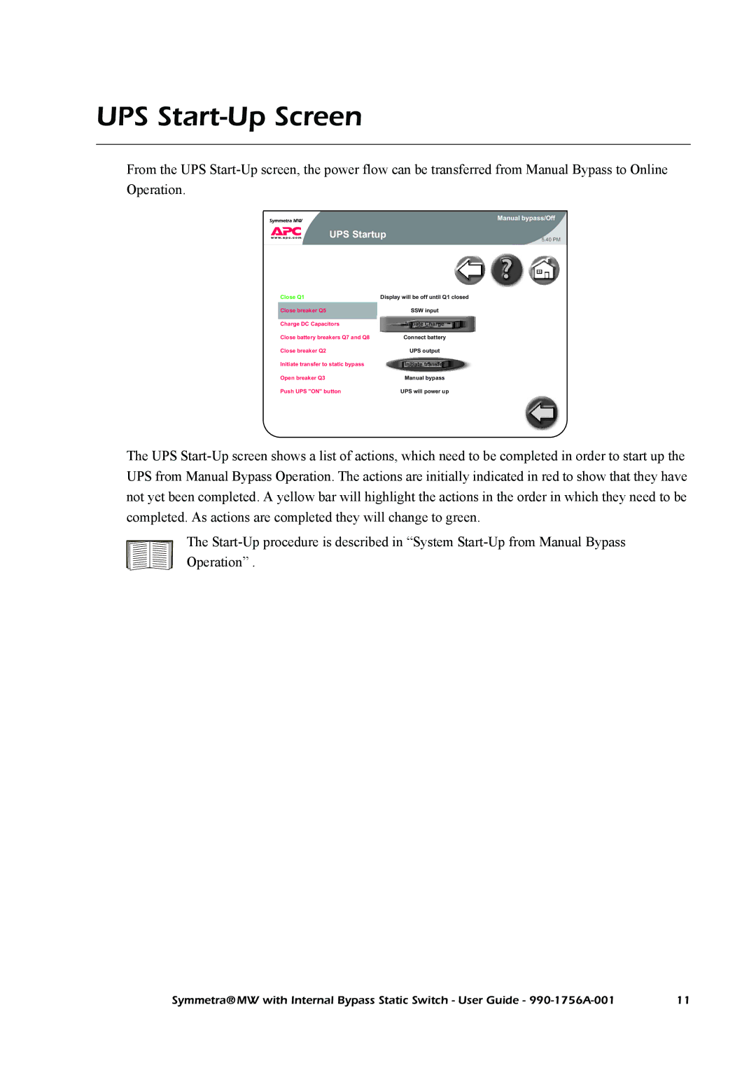 American Power Conversion Bypass Static manual UPS Start-Up Screen, UPS Startup 