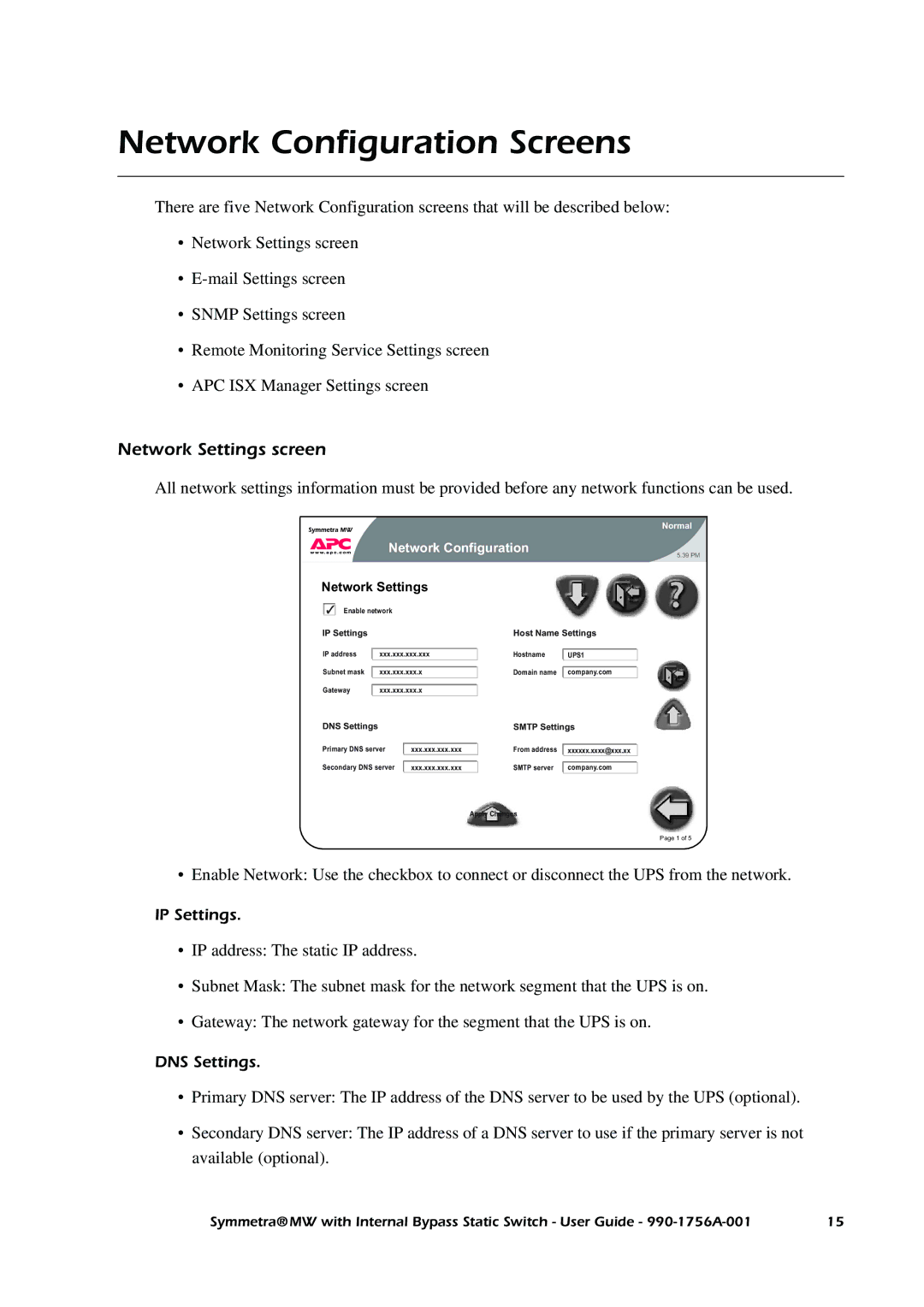 American Power Conversion Bypass Static manual Network Configuration Screens, Network Settings screen 