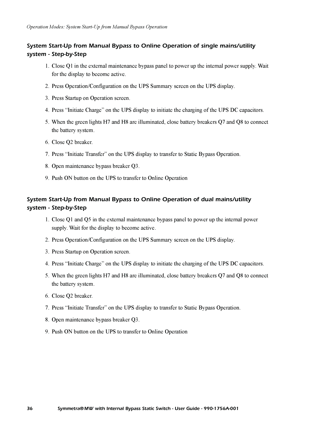 American Power Conversion Bypass Static manual Operation Modes System Start-Up from Manual Bypass Operation 